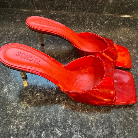 SCHUTZ Shoes - Schutz Red Metallic Leather Square Toe Mule Gold Stiletto‎ Heel Sandals 7.5B